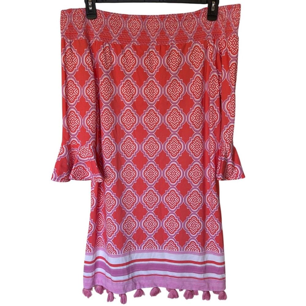 Cabana Life Coral Geo Coverluxe Smocked Dress Off the Shoulders UPF 50+ size XL - Picture 3 of 12